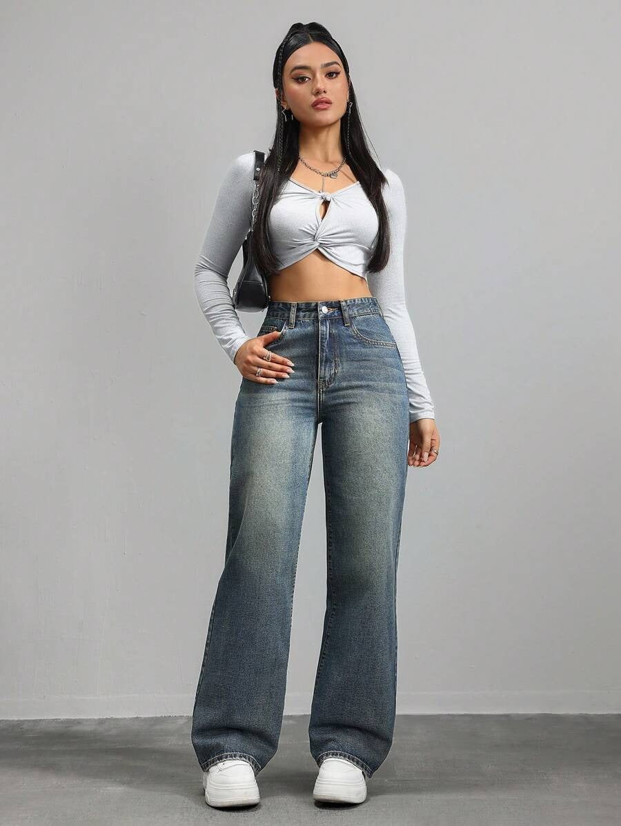 SHEIN  x Lina بنطال جينز أرجل مستقيمة بخصر متوسط من