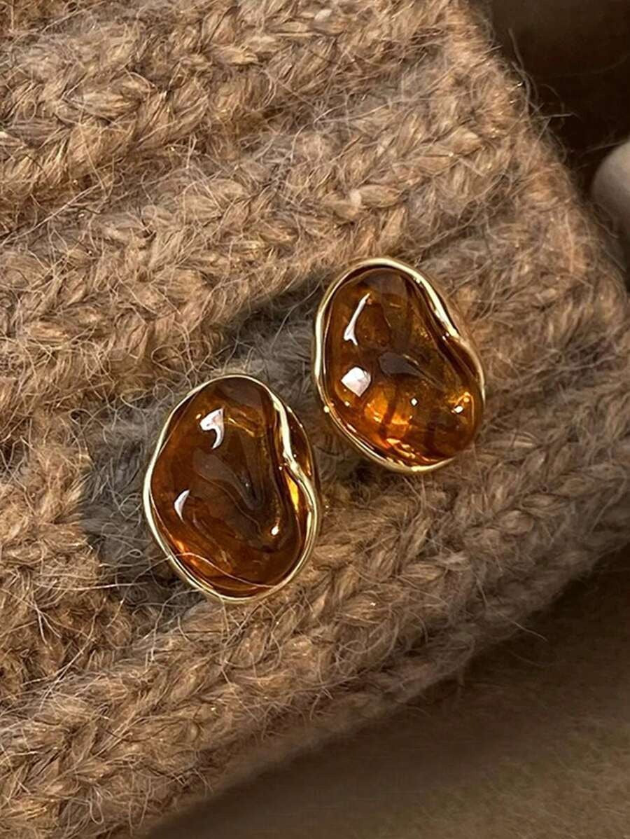 SHEIN طقم 3 أزواج أقراط من الراتينج بلون بني