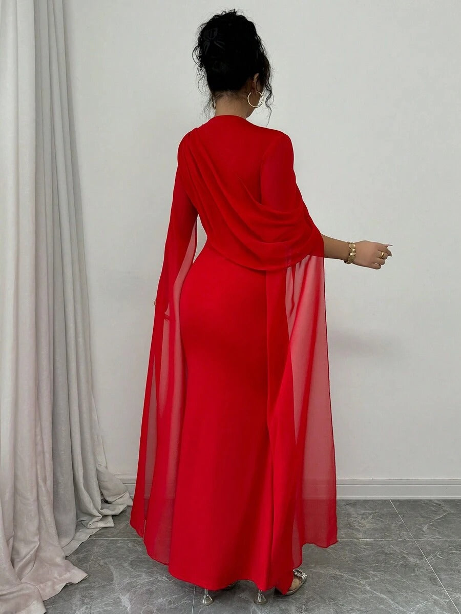 SHEIN Rafferiza فستان سهرة أحمر بكتف منحرف وطيات شفافة بشق أسفل التنورة