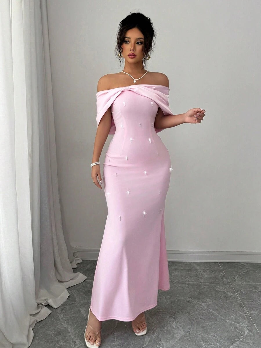 SHEIN Rafferiza فستان نسائي من الساتان الوردي الفاتح مزين بالفصوص