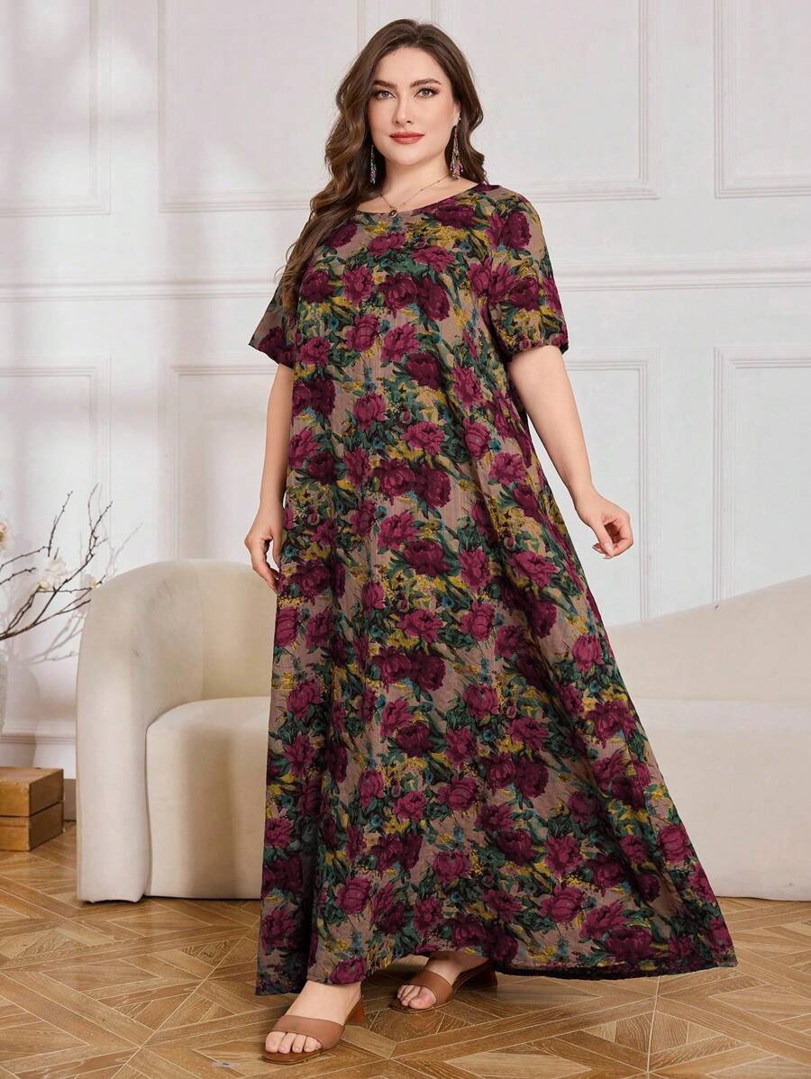 SHEIN فستان بوهيمي مطبع برسومات زهور بأكمام خفاش