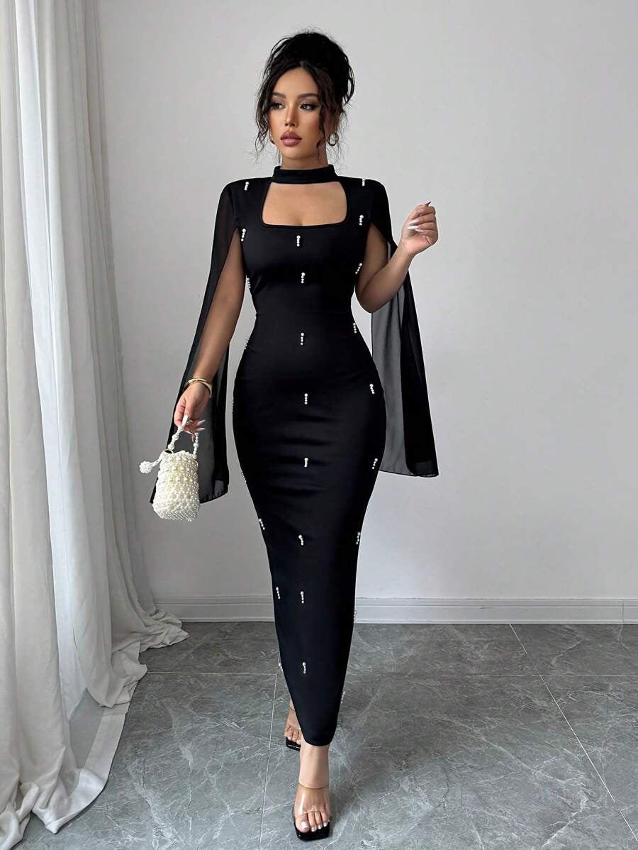 SHEIN Elenzga فستان شيفون مرصع باللؤلؤ بلون أسود