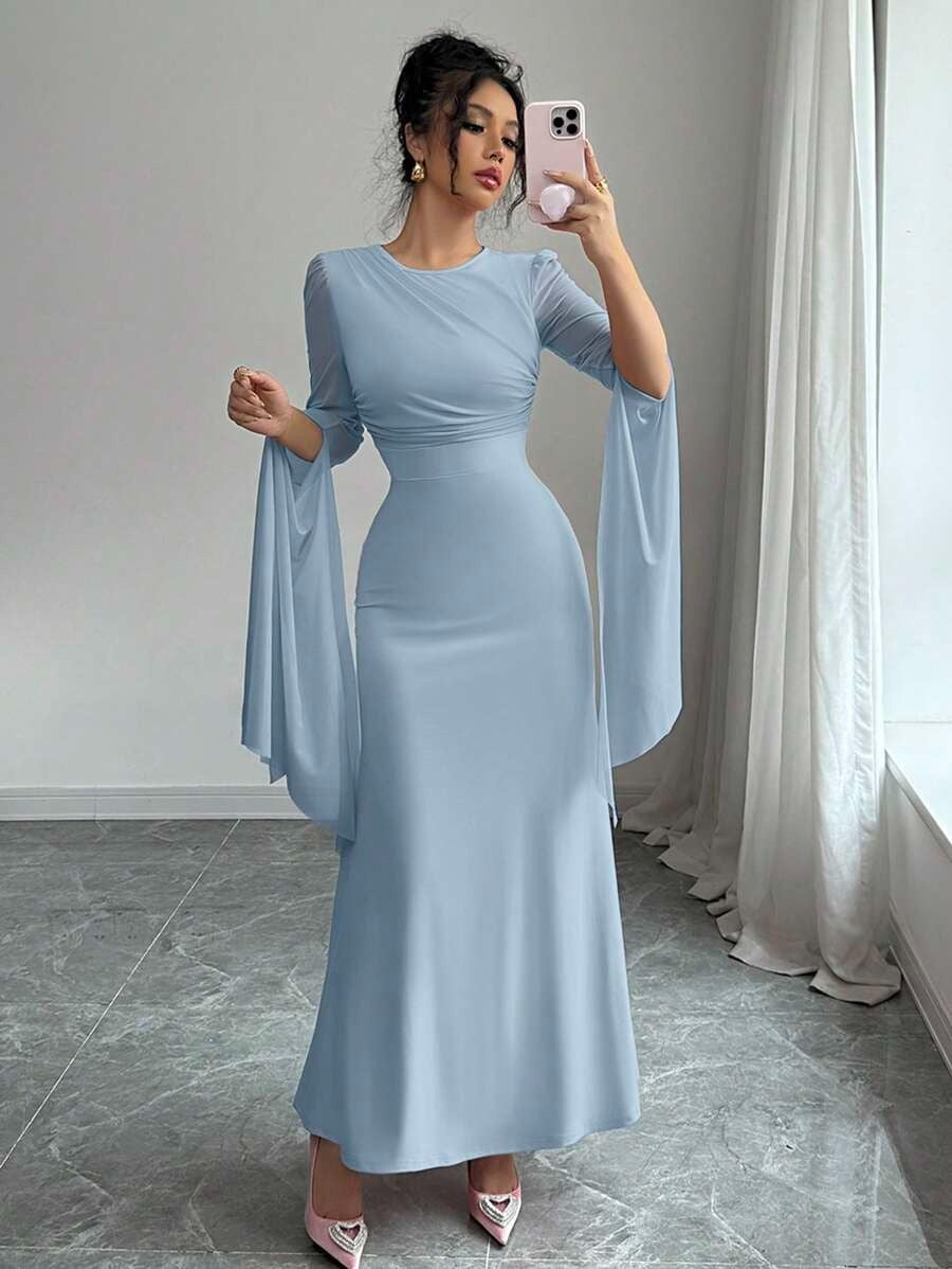 SHEIN Elenzga فستان أزرق أنيق بأكمام طويلة
