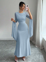 SHEIN Elenzga فستان أزرق أنيق بأكمام طويلة
