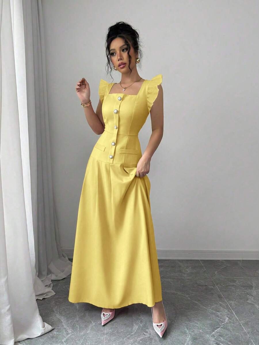 SHEIN Elenzga  فستان صيفي طويل بلون أصفر و أزرار أمامية و كتف فراشة