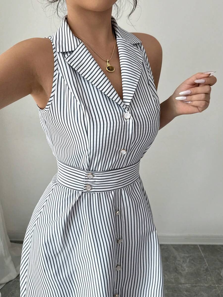 SHEIN Elenzga فستان مخطط بأزرار أمامية