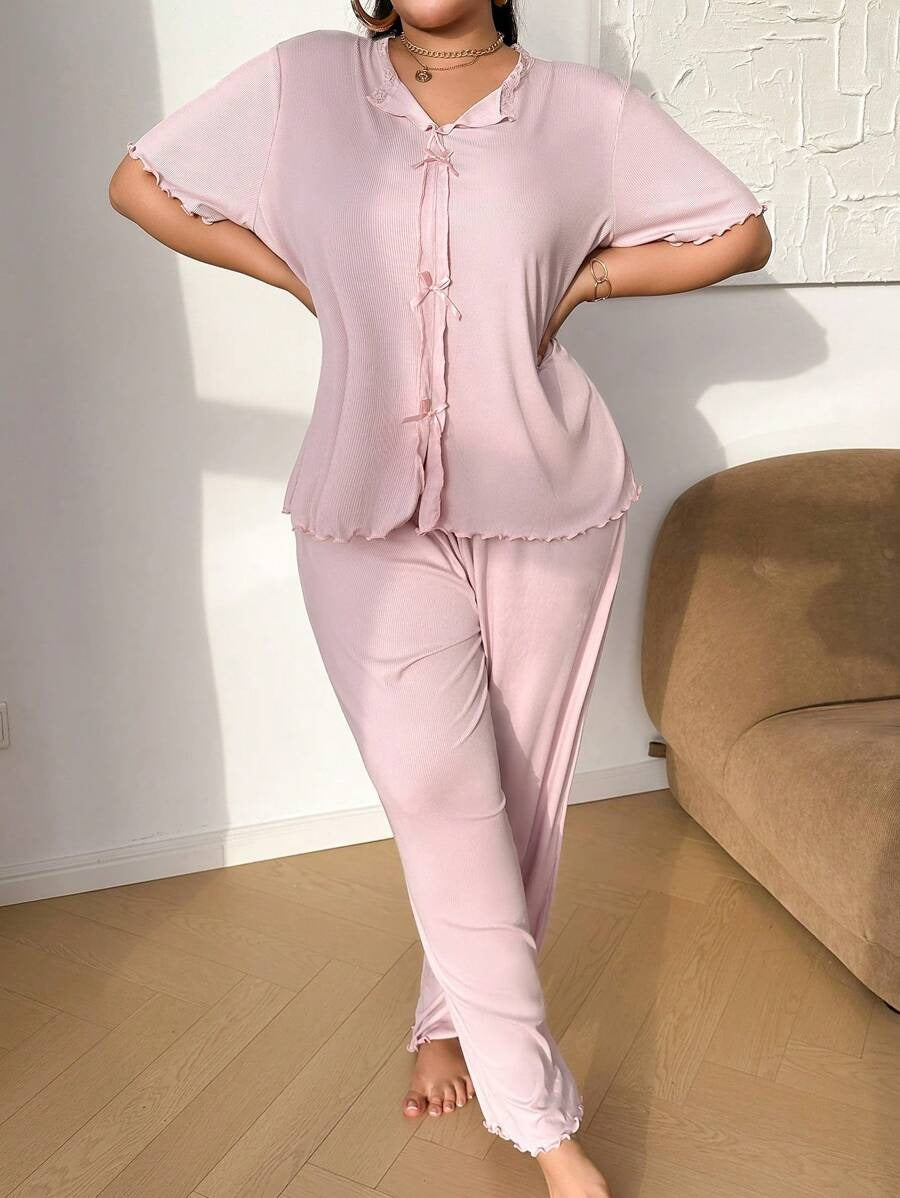 SHEIN طقم بيجامة وردي ناعم بعقدة فراشة