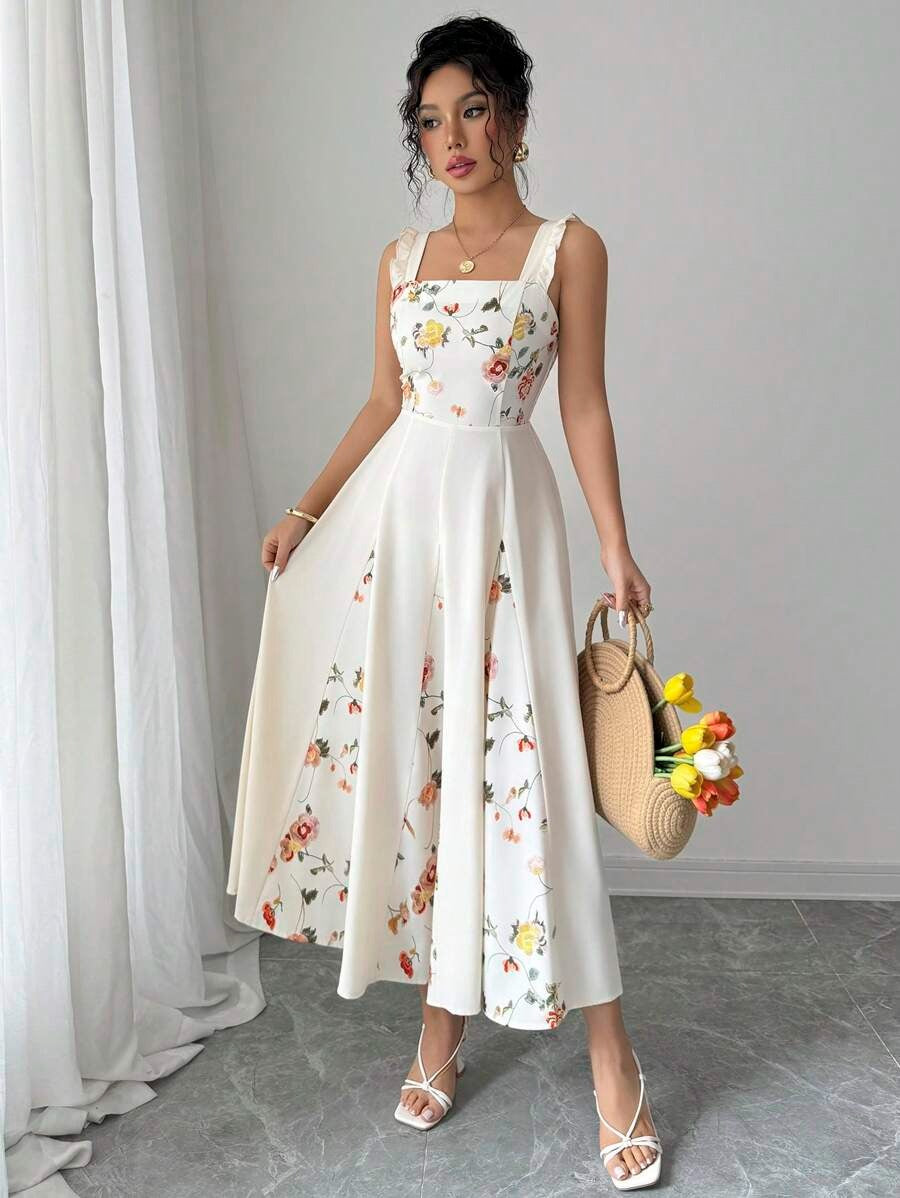 SHEIN فستان مشمشي مزين بزهور أنيقة