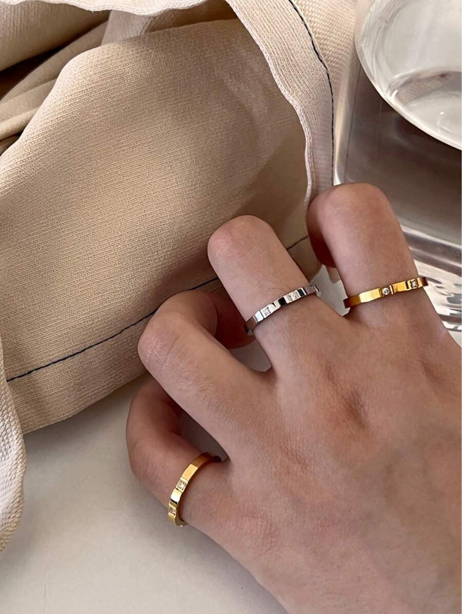 SHEIN خاتم من الصلب المقاوم للصدأ مرصع بزركون مكعب