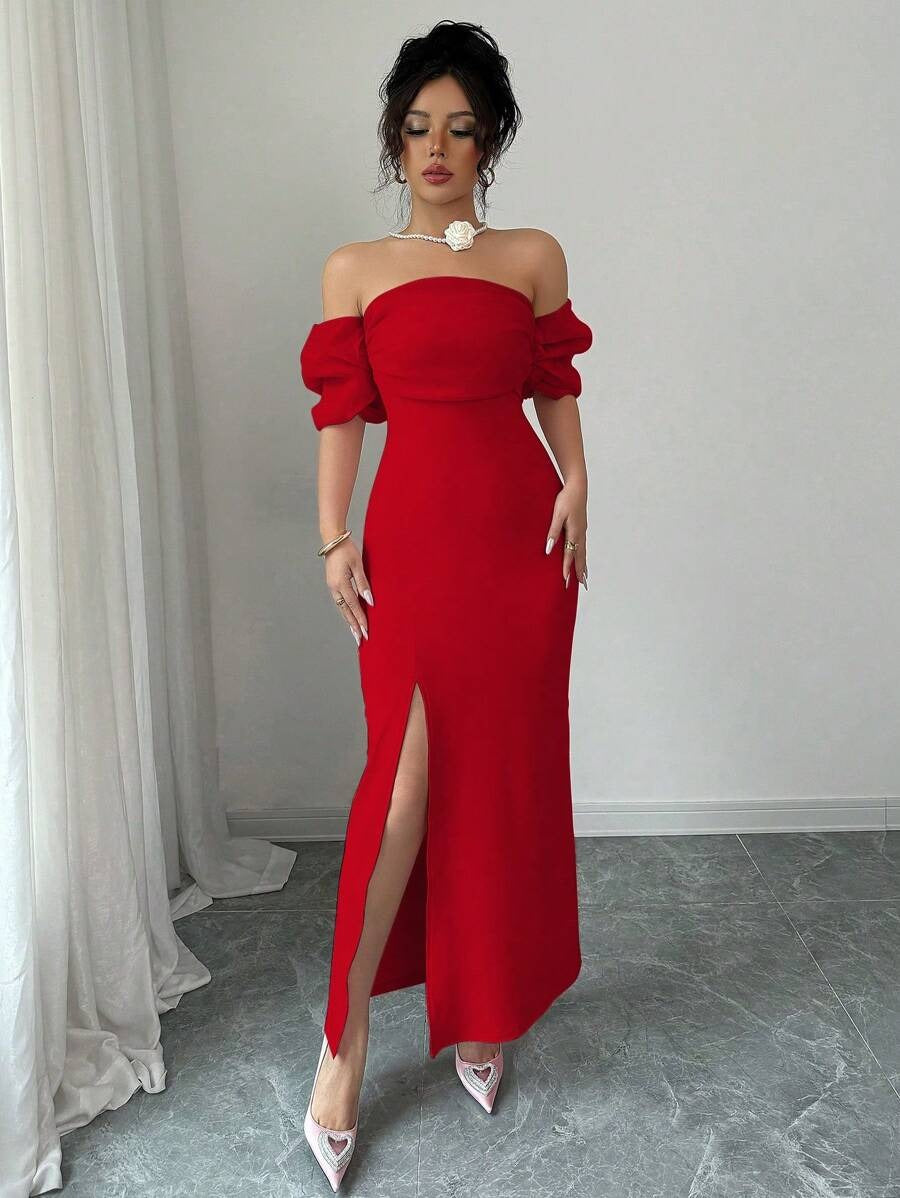 SHEIN Elenzga  فستان أحمر أنيق بكتف مكشوف