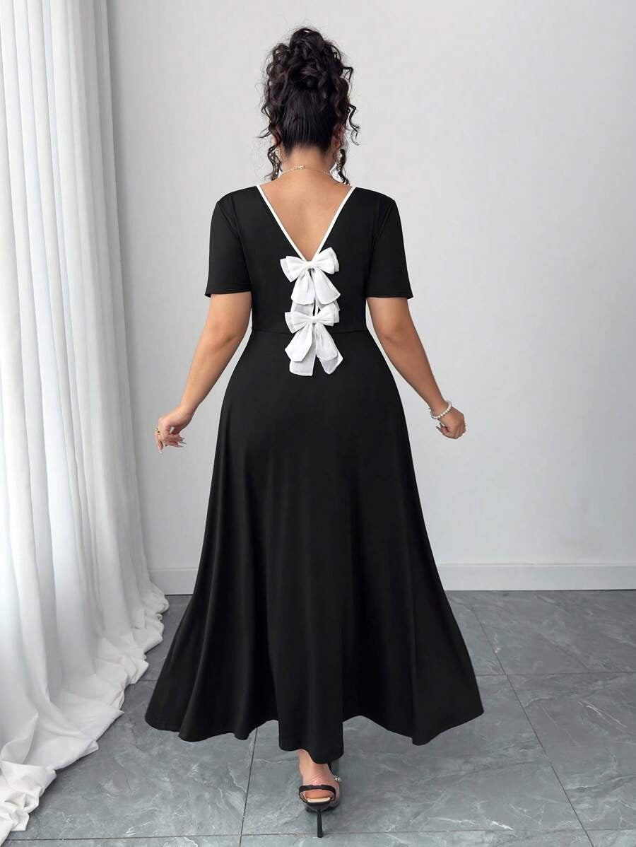 SHEIN Elenzga فستان أسود أنيق بقصة فرنسية ربطة فراشة