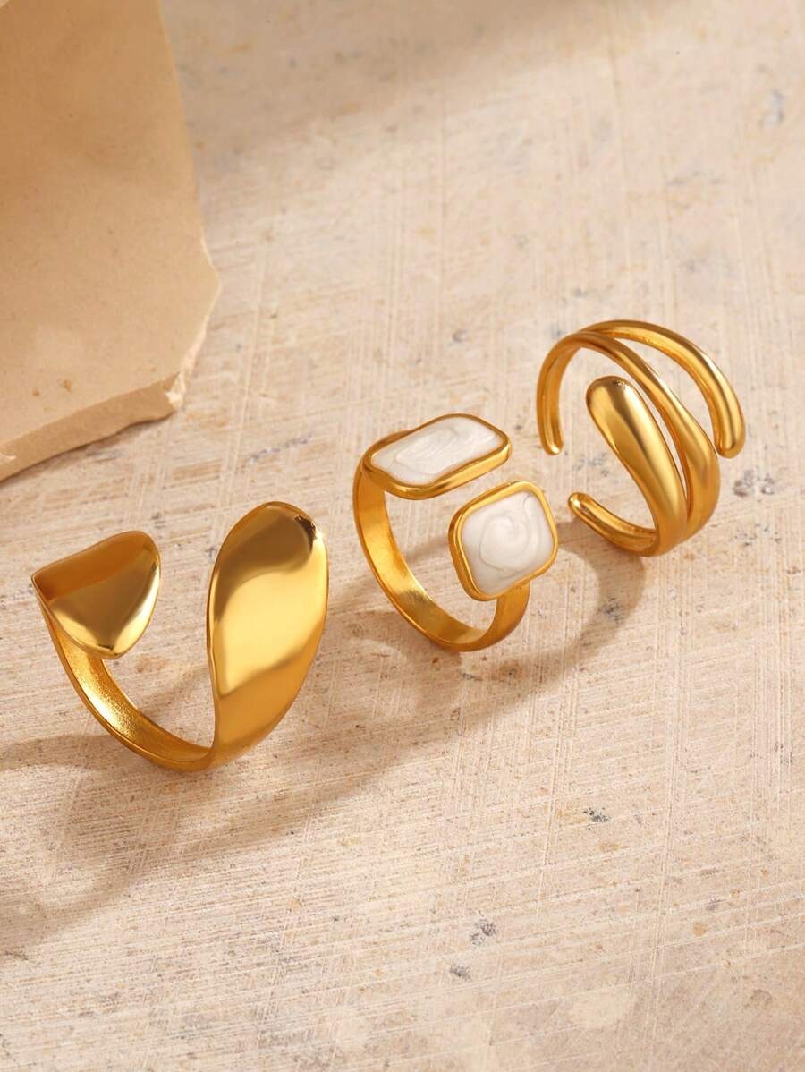 SHEIN 18K طقم 3 خواتم ستانلس ستيل مطلي ذهب
