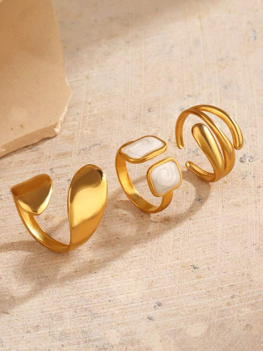 SHEIN 18K طقم 3 خواتم ستانلس ستيل مطلي ذهب