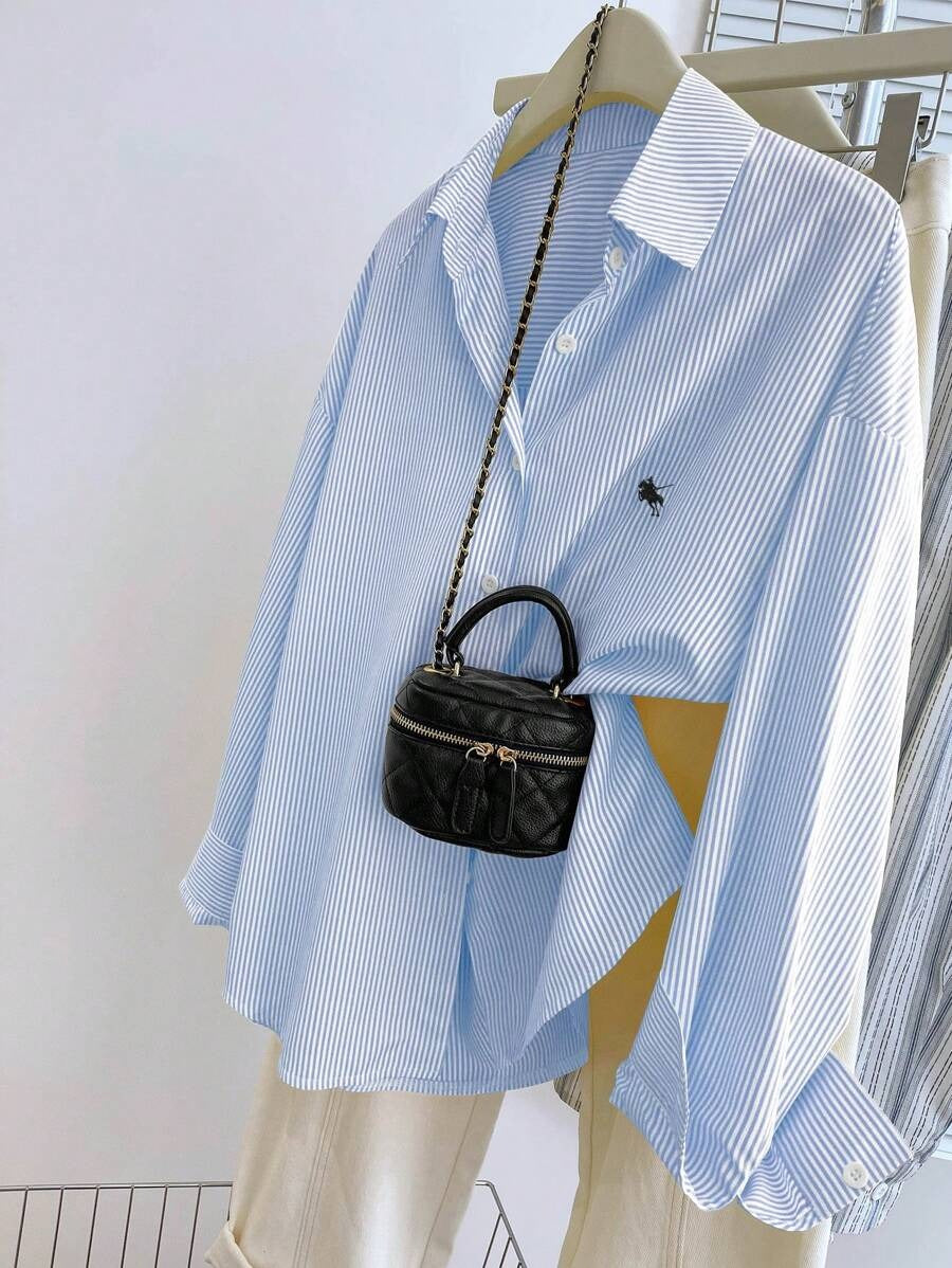 SHEIN قميص نسائي كاجوال طويل الأكمام بتطريز وأزرار