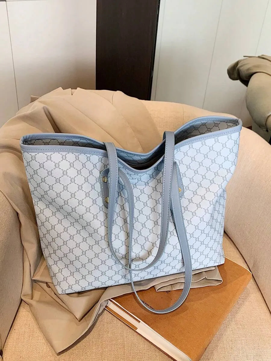 SHEIN SHIMEINI حقيبة تسوق وطالب كبيرة السعة بتصميم رقعي موضة أوروبية وأمريكية