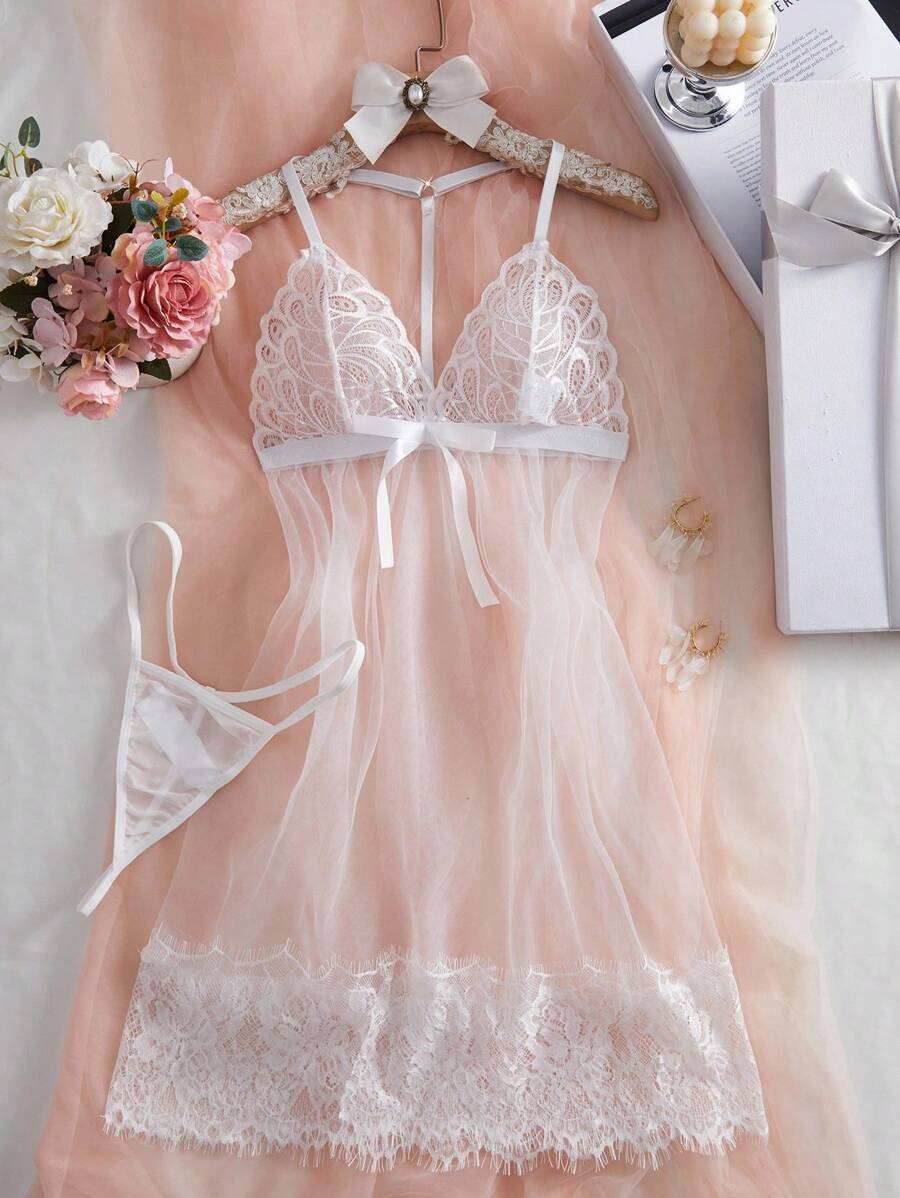 SHEIN طقم أبيض شفاف من قطعتين وعقدة فراشة