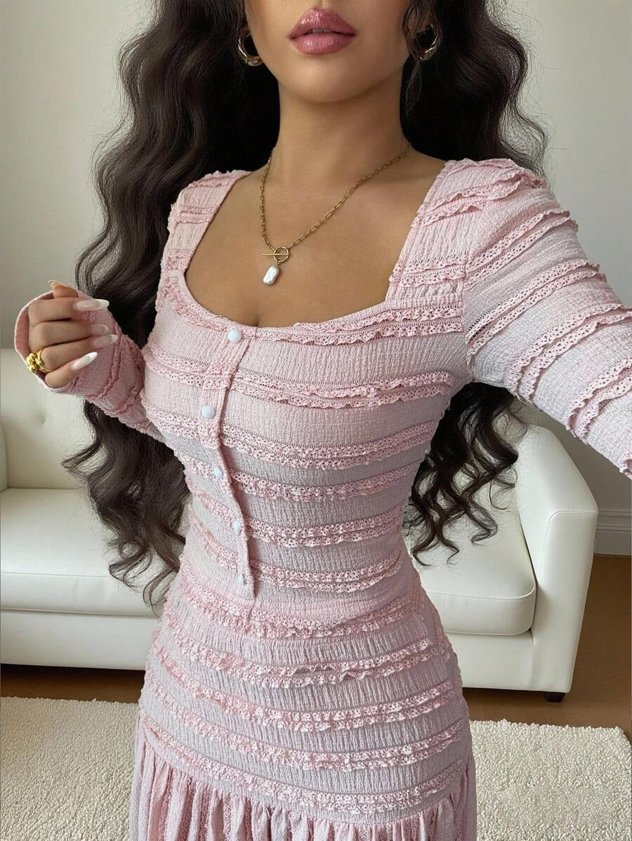 SHEIN Selianne طقم نسائي وردي من قطعتين بلوزة+تنورة طويلة