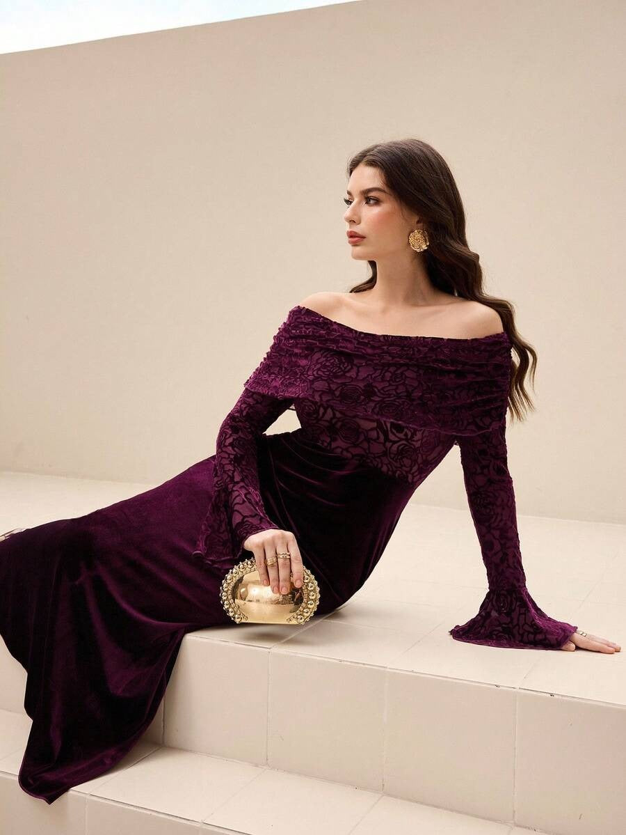 SHEIN Modelyn فستان حفلة أحمر بطبعات زهرية