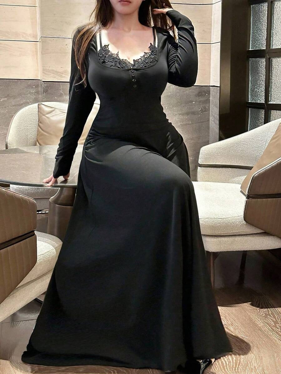 SHEIN Vibekara فستان طويل أسود مزين بالدانتيل والزهور