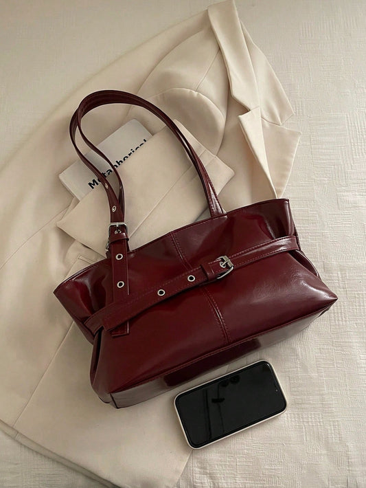 SHEIN حقيبة كتف نسائية جلد مشمع أحمر عتيق بسعة كبيرة وسحاب