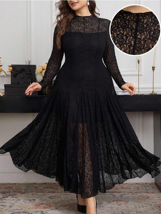 SHEIN Modelyn فستان طويل دانتيل أنيق بلون أسود