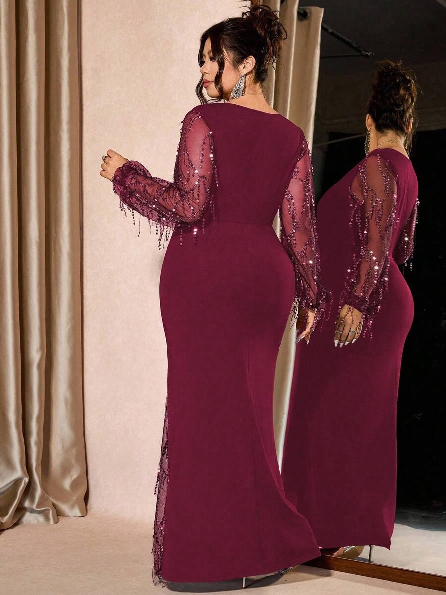 SHEIN Cravure فستان سهرة طويل بلون عنابي