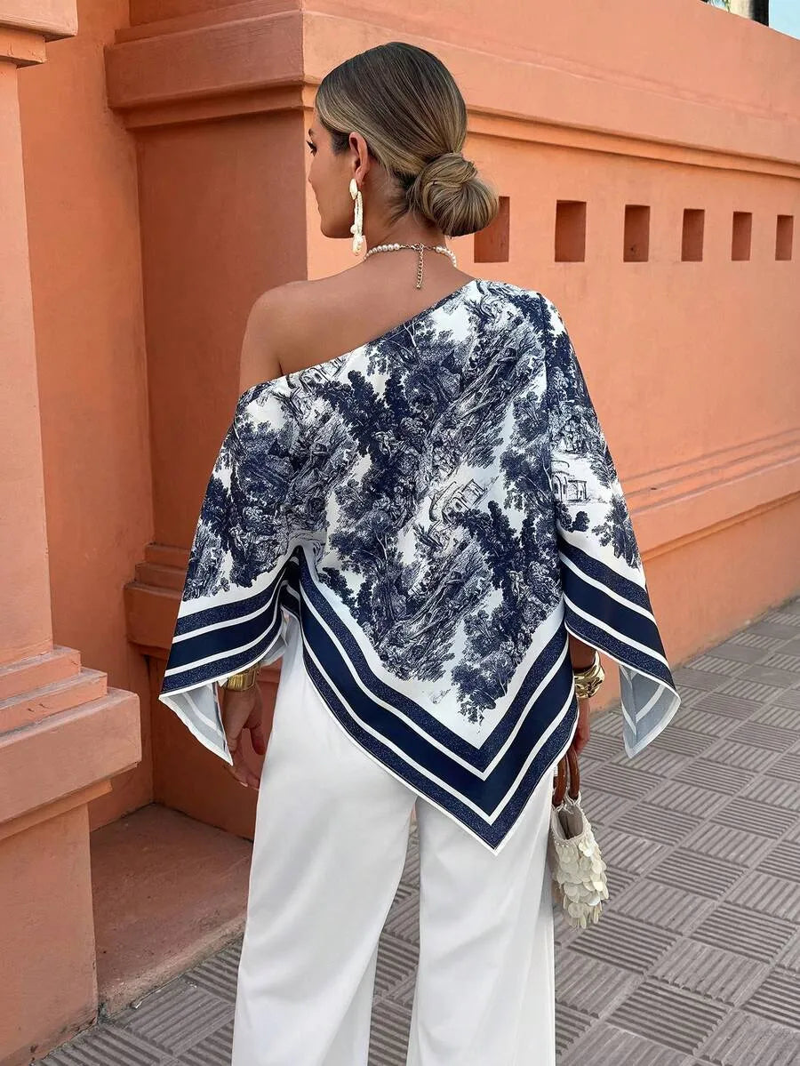 SHEIN Flora Isola طقم نسائي راقي ببلوزة مطبوعة بحافة غير متماثلة وبنطال أبيض