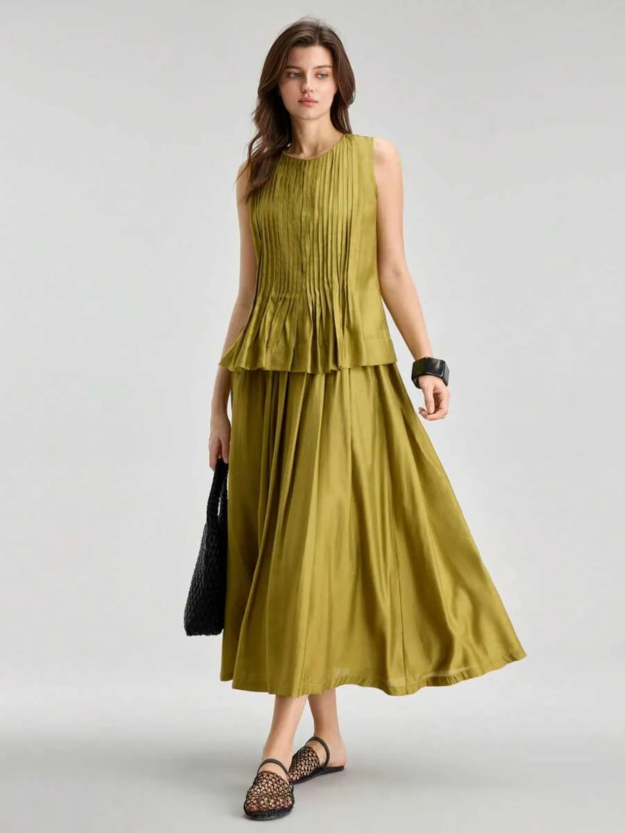 SHEIN Ontre تنورة نسائية طويلة بخصر مطاطي وطيات أنيقة من