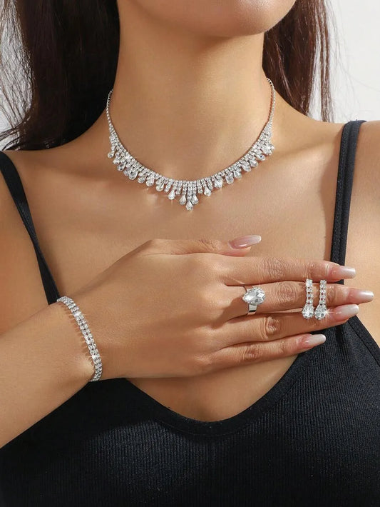 SHEIN طقم مجوهرات فاخر راين أبيض قطرة 4 قطع