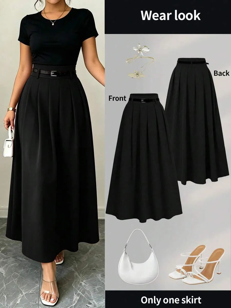 SHEIN A-Line تنورة كاجوال طويلة بخصر عالي وطيات