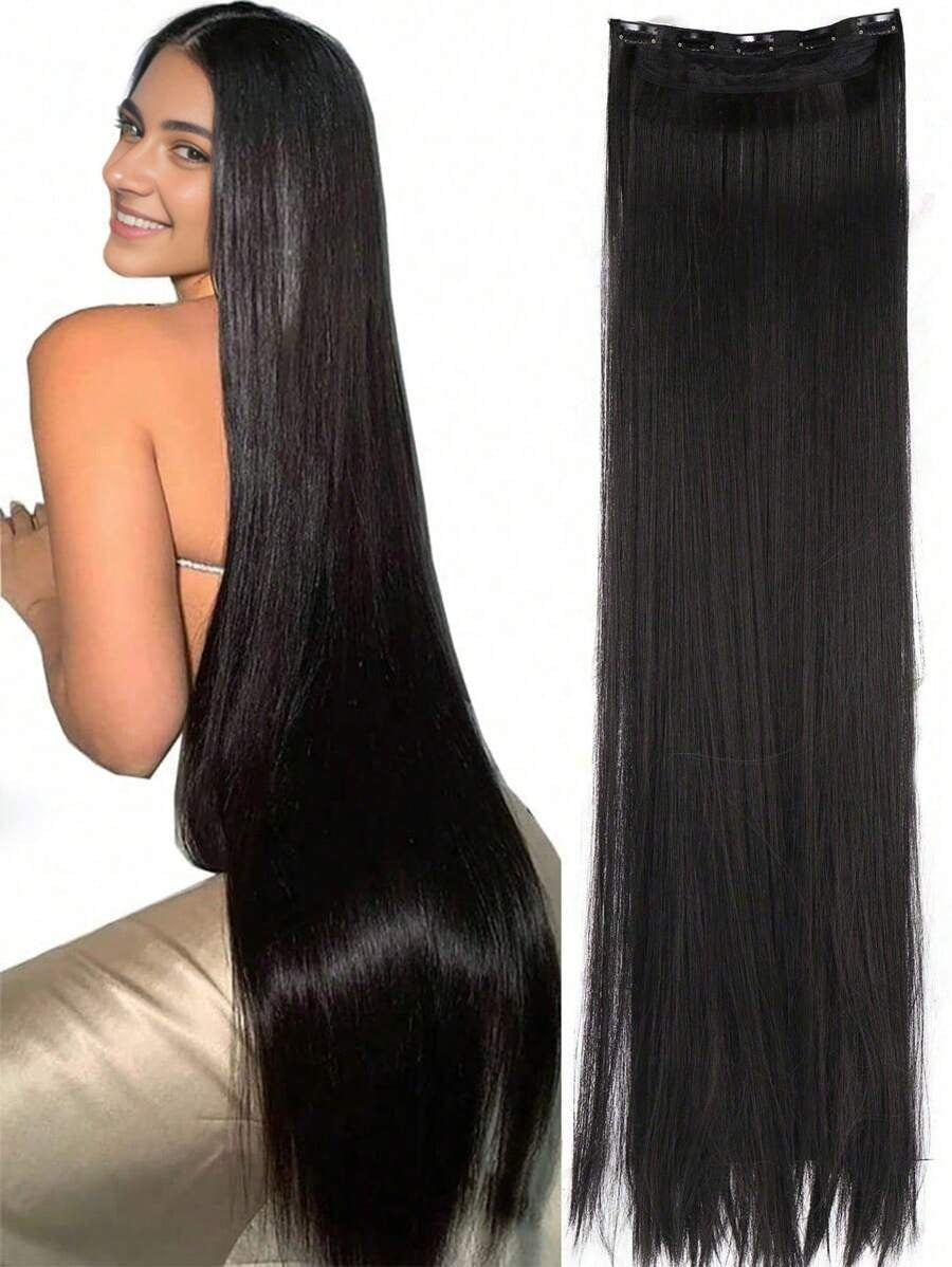 SHEIN إكستنشن شعر أسود طويل مستقيم ب 5 مشابك