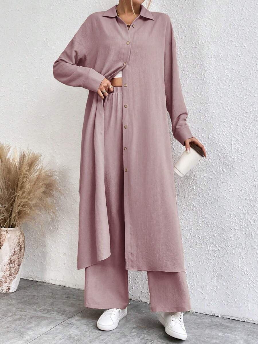 SHEIN LUNE طقم  قطعتين بلوزة طويلة وبنطلون واسع بلون وردي