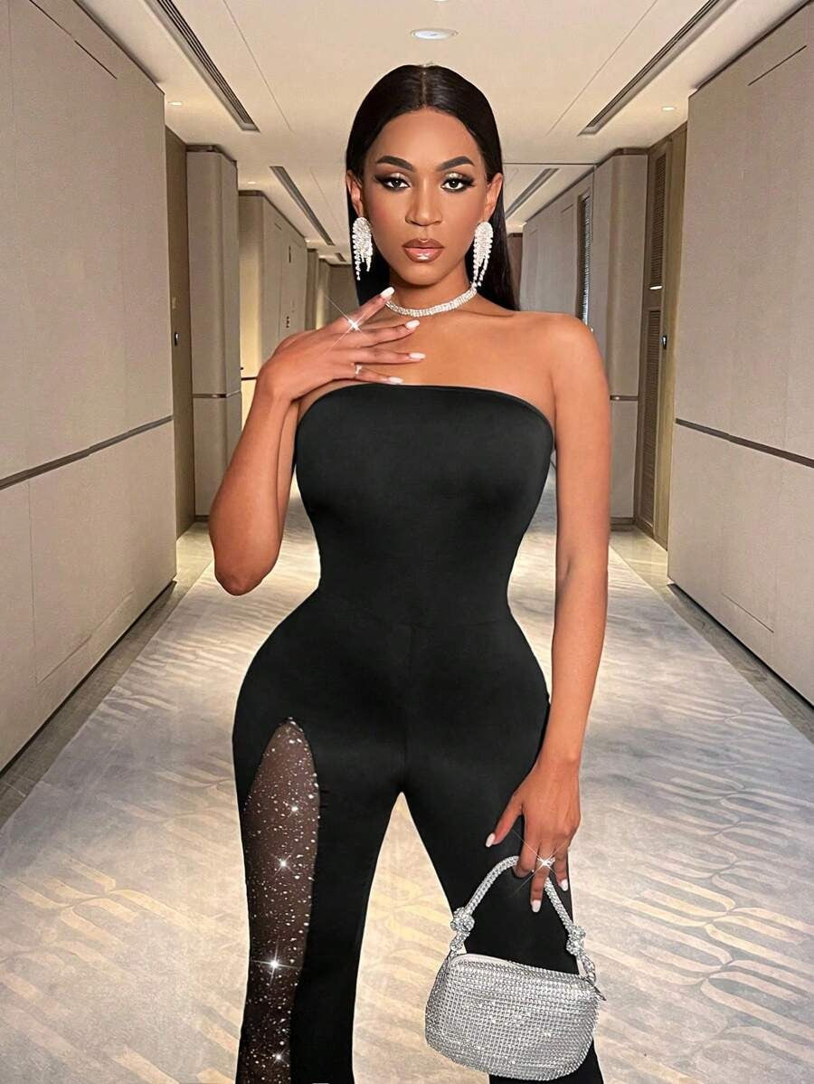 SHEIN BamGleam جمبسوت أنيقة باللون الأسود مزينة بالراين
