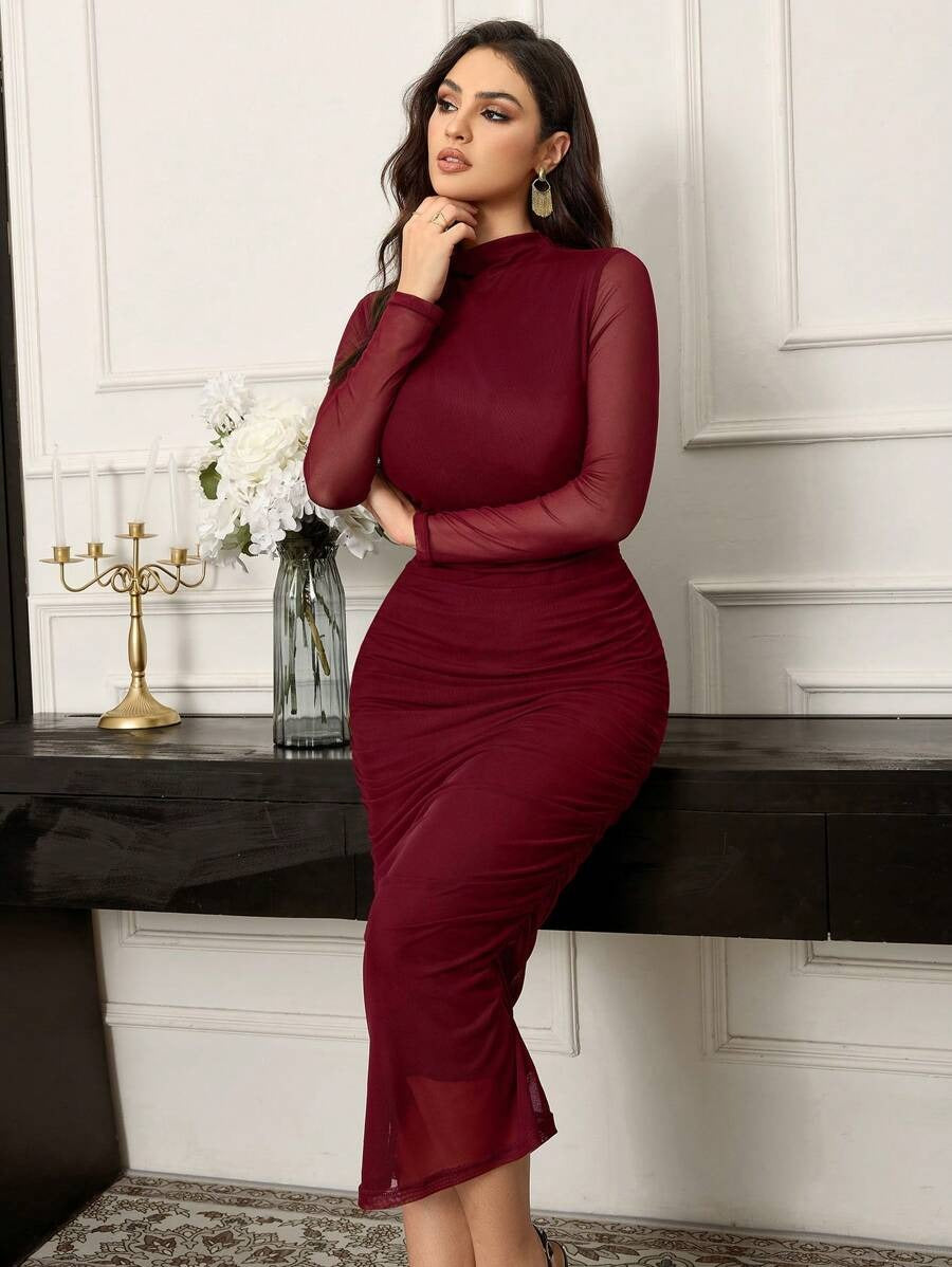 SHEIN Modelyn فستان عنابي انيق ماكسي بأكمام طويلة