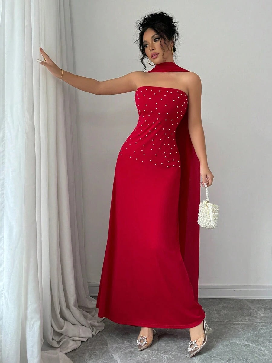 SHEIN Rafferiza فستان أحمر ماكسي طويل مزين بلؤلؤ