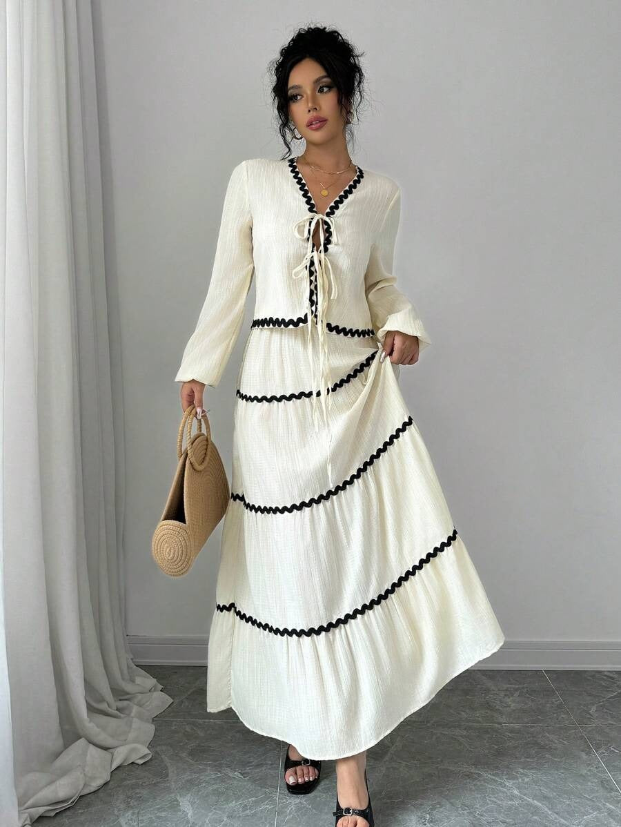 SHEIN Rafferiza طقم فستان بكشكشة أكمام وعقدة فرنسية وتنورة