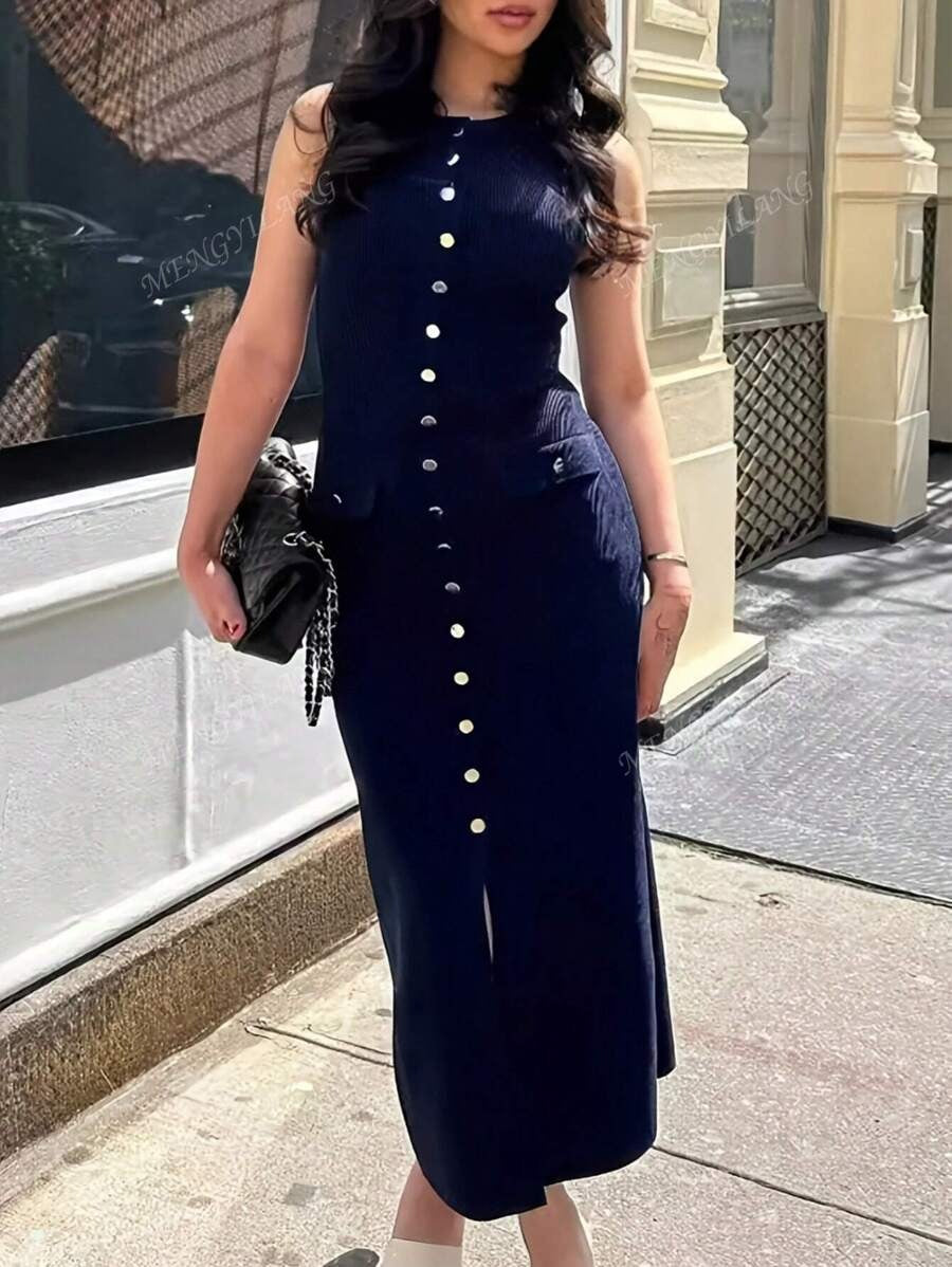 SHEIN  فستان ماكسي طويل بدون أكمام بلون أزرق بحري