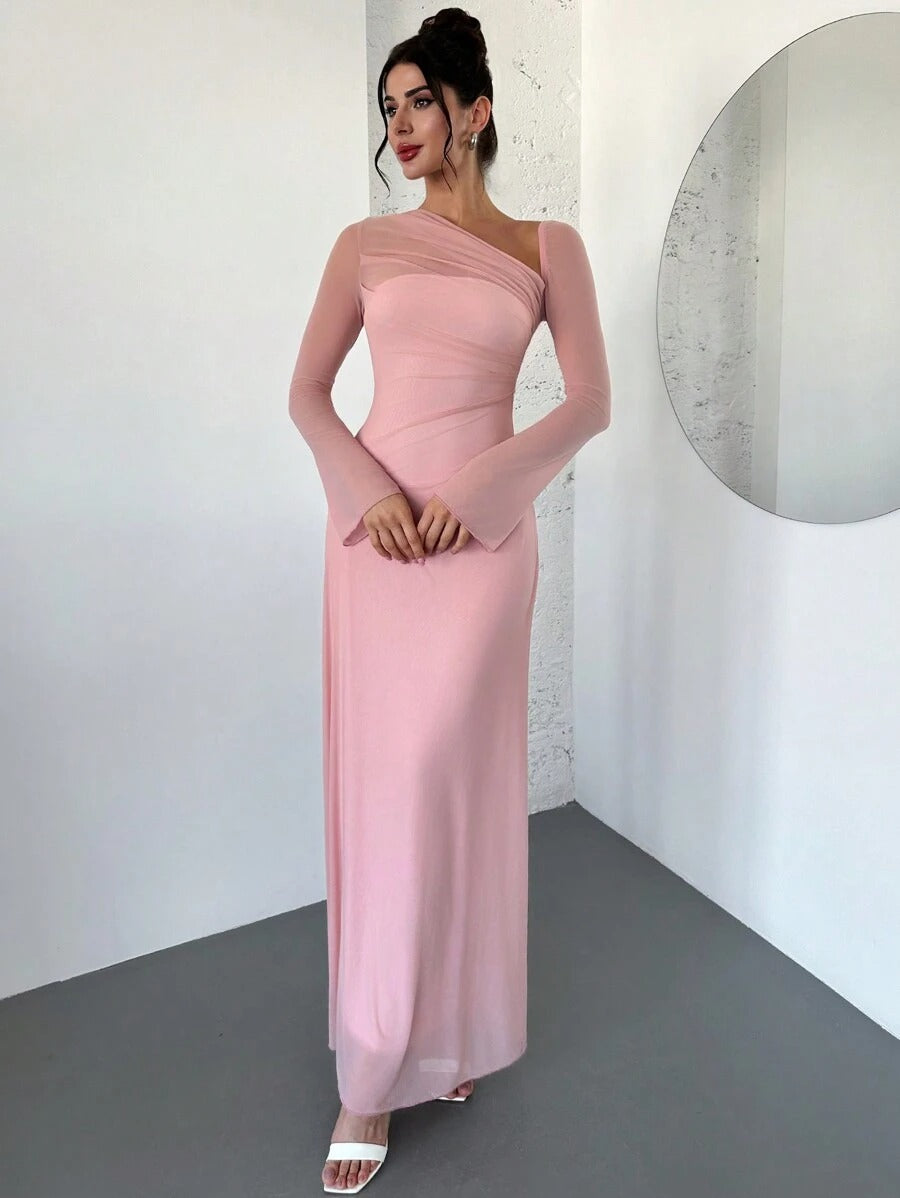 SHEIN Privé فستان وردي شبكي بكتف واحد وأكمام طويلة