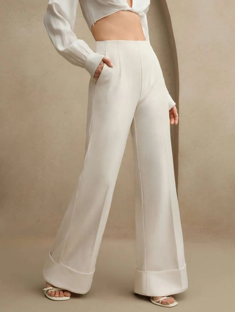 SHEIN Anewsta Essential بنطلون بلون بيج طويل واسع الساق بخصر منخفض