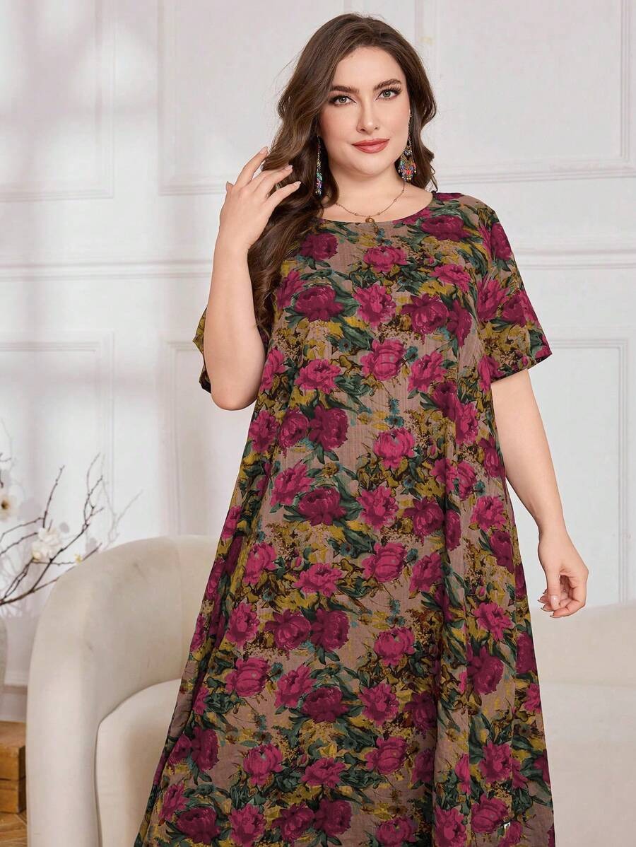 SHEIN فستان بوهيمي مطبع برسومات زهور بأكمام خفاش