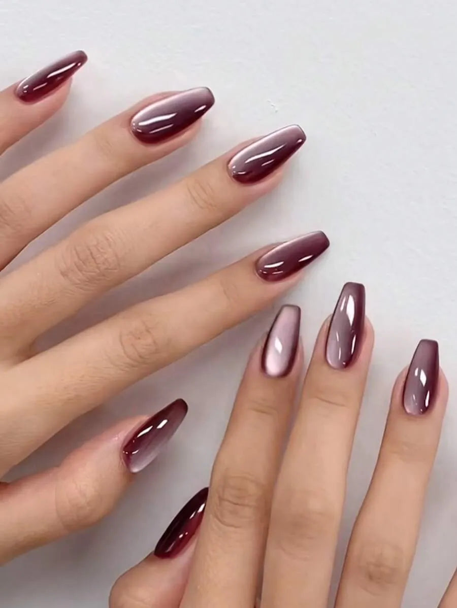 SHEIN أظافر أكريليك 24 قطعة طويلة بتصميم عين القطة بلون أرجواني فاتح لامع