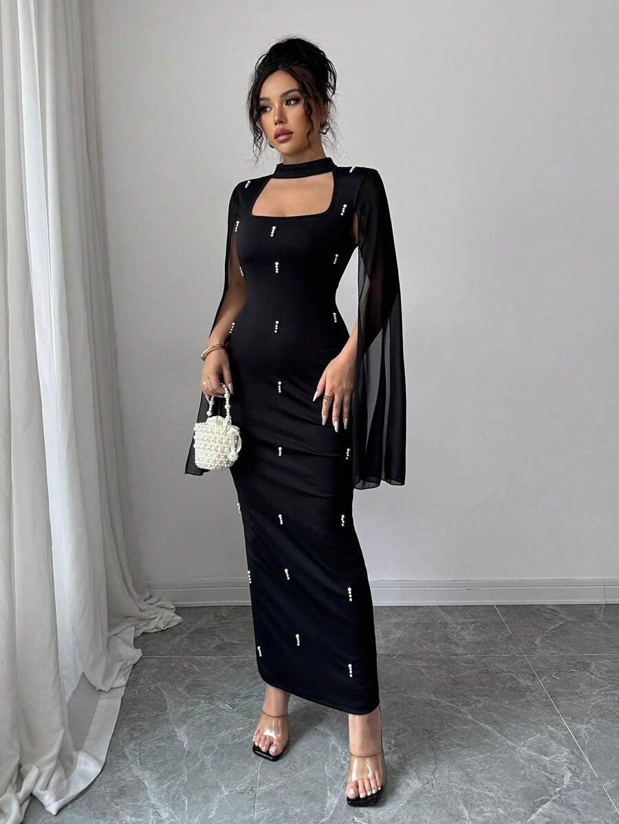 SHEIN Elenzga فستان شيفون مرصع باللؤلؤ بلون أسود