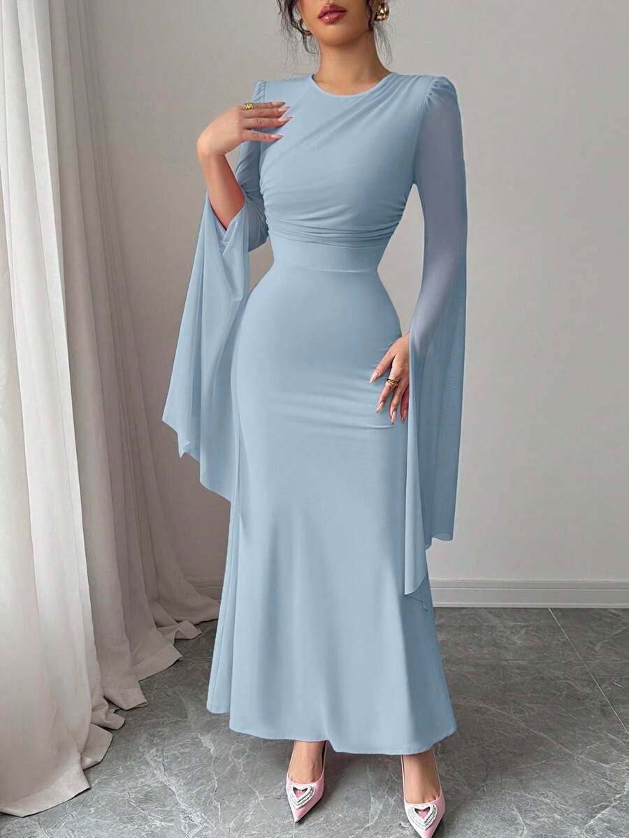 SHEIN Elenzga فستان أزرق أنيق بأكمام طويلة