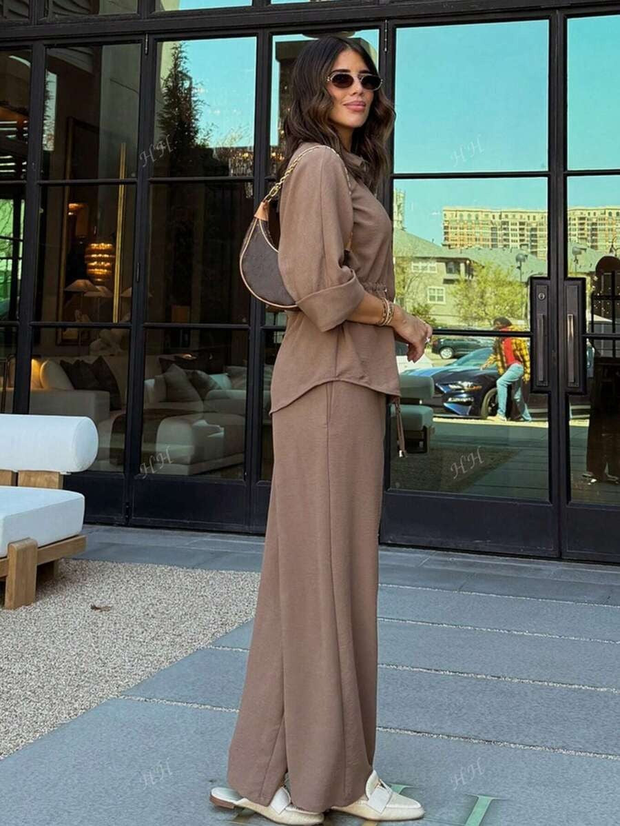SHEIN طقم نسائي بني توب برباط وبنطال واسع