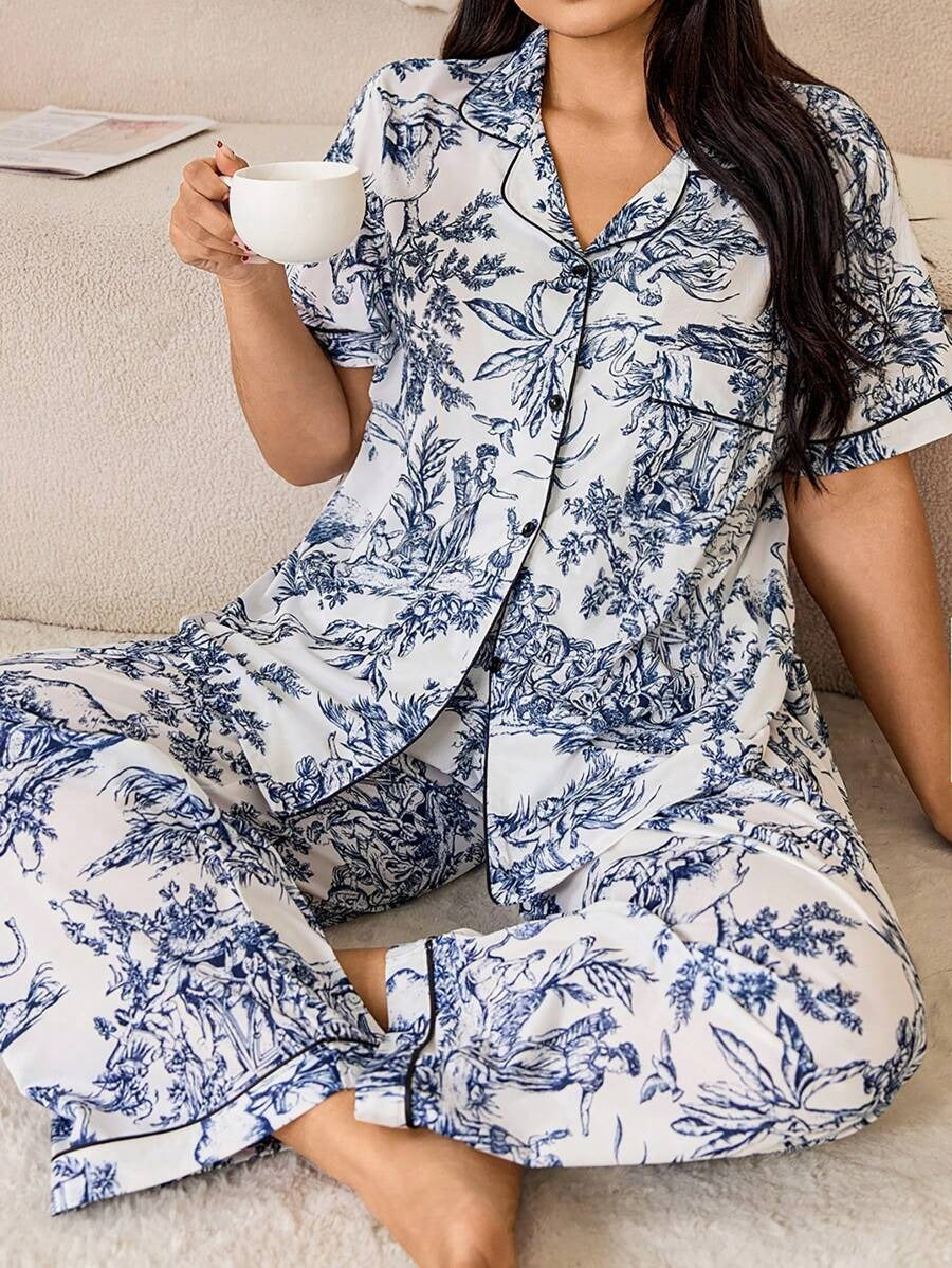 SHEIN طقم بيجامة بنقوشات بلون أزرق