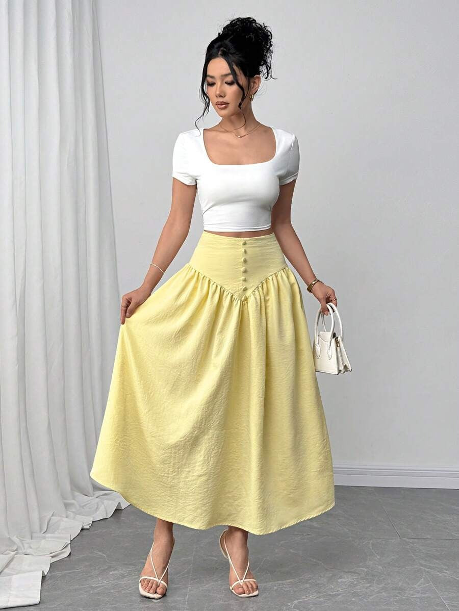 SHEIN تنورة كتان أصفر زبدة بستايل بوهيمي ناعم