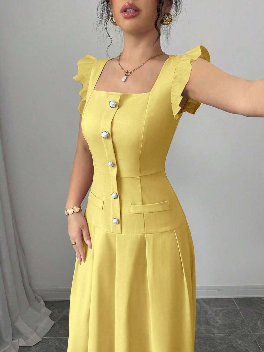 SHEIN Elenzga  فستان صيفي طويل بلون أصفر و أزرار أمامية و كتف فراشة