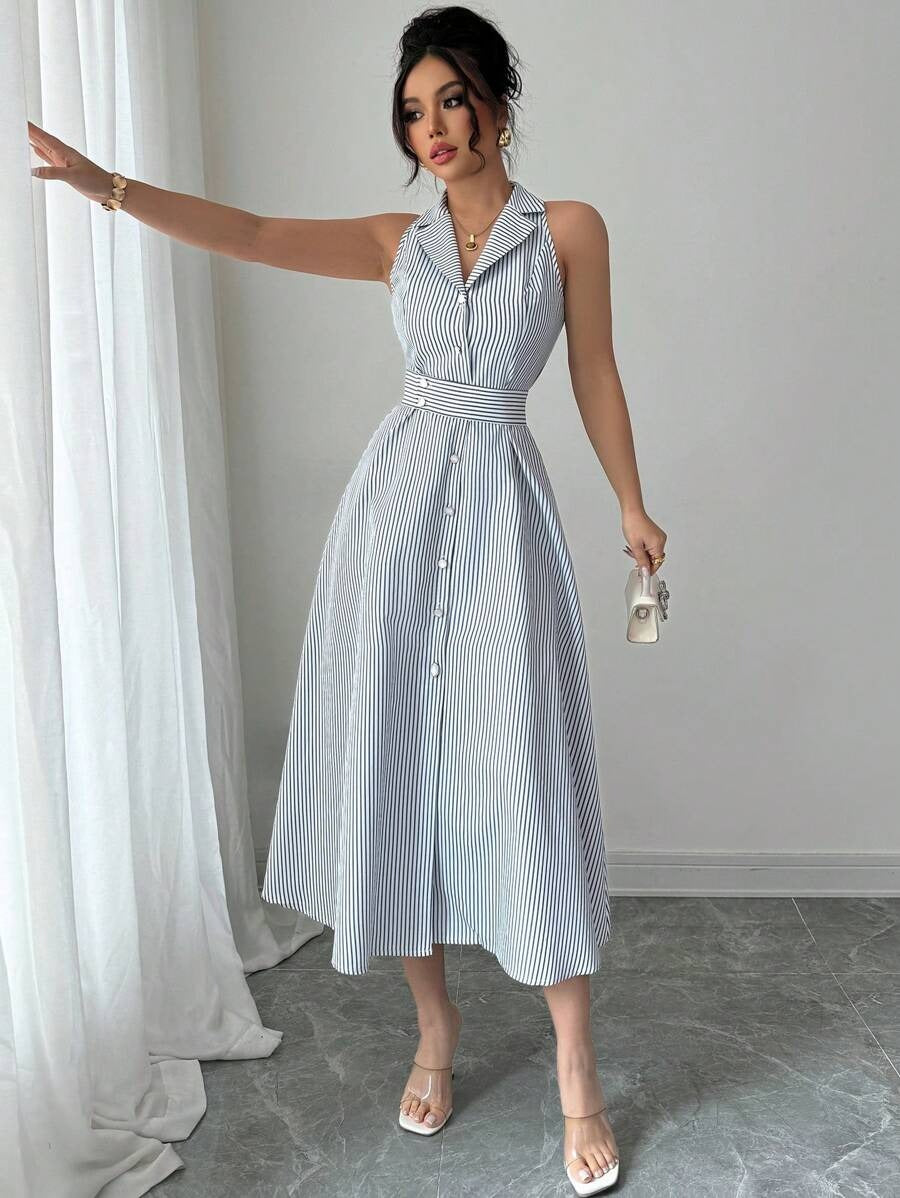 SHEIN Elenzga فستان مخطط بأزرار أمامية