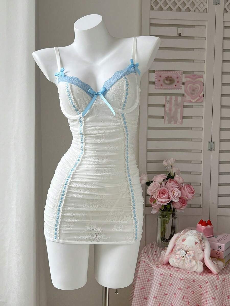 SHEIN PetitDoll طقم قميص نوم صيفي بلونين وتفاصيل دانتيل شفاف