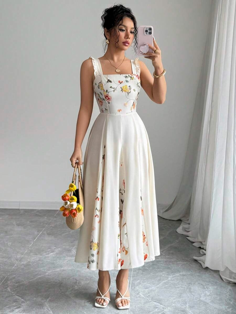 SHEIN فستان مشمشي مزين بزهور أنيقة